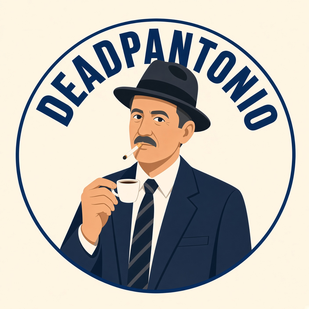 DEADPANTONIO badge: Antonio in a fedora with an espresso